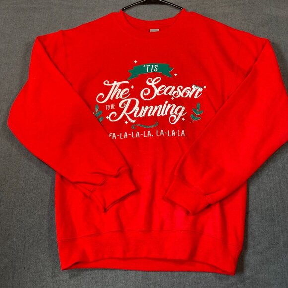 Gildan Red Tis The Season To Be Running Crewneck Sweatshirt Toys For Tots Unisex - Picture 1 of 9